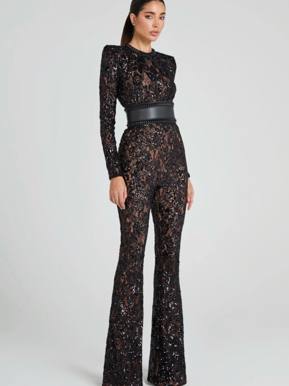NADINE MERABI Bella Black Sequin Lace Long-Sleeve Jumpsuit
